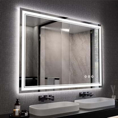 Bathroom Mirror, 44x30 Inch Gradient Front and Backlit Smart Mirror, 3 Colors Dimmable CRI>90 Double Lights, IP54 Enhanced Anti-Fog, Hanging Plates Wall Mount LED Mirror