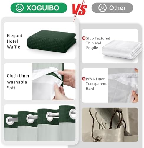 No Hook Shower Curtain with Liner Set Hotel Waffle Dark Green 72W X 75L