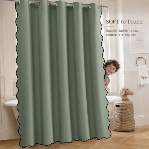 Furlinic No Hook Shower Curtain Scalloped Green Waterproof 72 Inch Fabric