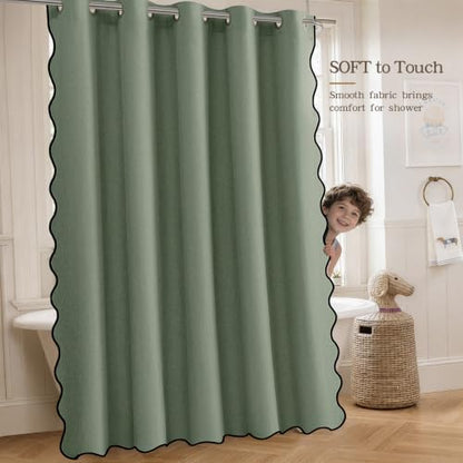 Furlinic Green Shower Curtain Scalloped Fabric Waterproof No Hook W48 x H75