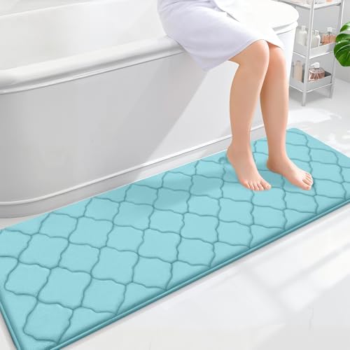 OLANLY Memory Foam Bath Mat Rug 59x20, Ultra Soft Bathroom Rugs, Sky Blue