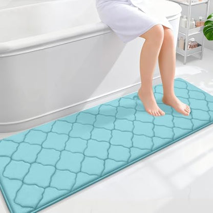 OLANLY Memory Foam Bath Mat Rug 59x20, Ultra Soft Bathroom Rugs, Sky Blue