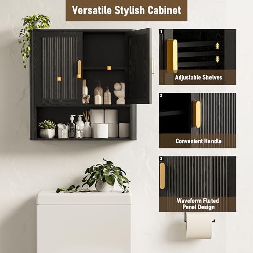 INNOD Bathroom Wall Cabinet, Wall-Mounted Medicine Cabinet with Adjustable Wood Shelf & Doors, Floating Bathroom Cabinet Over Toilet for Laundry Room & Kitchen & Living Room (Black)