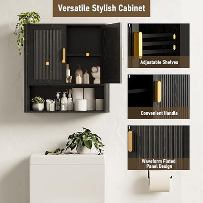 INNOD Bathroom Wall Cabinet, Wall-Mounted Medicine Cabinet with Adjustable Wood Shelf & Doors, Floating Bathroom Cabinet Over Toilet for Laundry Room & Kitchen & Living Room (Black)