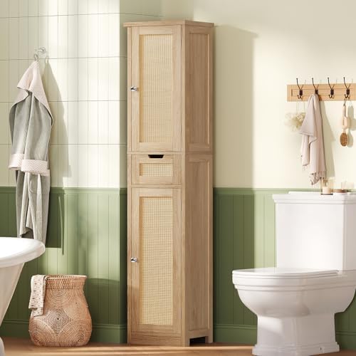 Iwell Tall Bathroom Cabinet, Slim Narrow Storage Cabinet with Adjustable Shelves, Rattan Cabinets with 1 Drawer, for Bathroom, Living Room, Entryway, Kitchen, Nature
