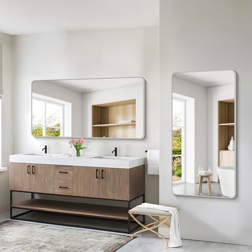 55x30 Inch Silver Bathroom Mirror, Large Rectangular Vanity Mirror, Metal Framed Rectangle Mirrors, Rounded Corner Wall Mounted Mirrors for Living Room Bedroom Entryway Horizontal or Vertical