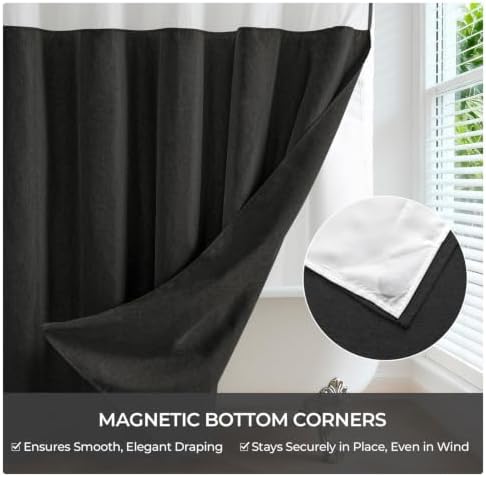River Dream Linen Textured No Hooks Shower Curtain with Liner,Black,71x74