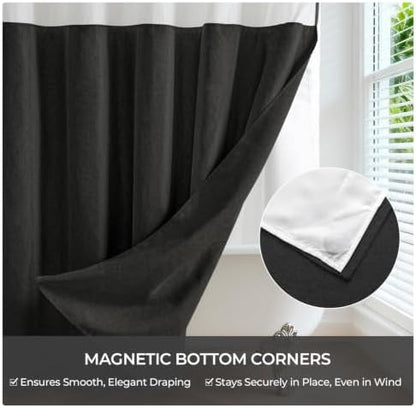 River Dream Linen Textured No Hooks Shower Curtain with Liner,Black,71x74