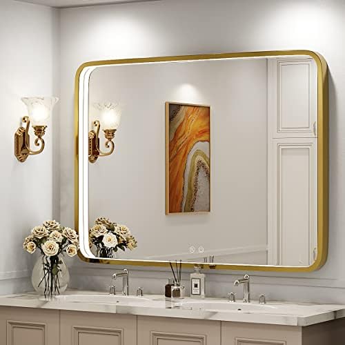 40x30 Inch Gold Frame LED Bathroom Mirror,ETL Listed