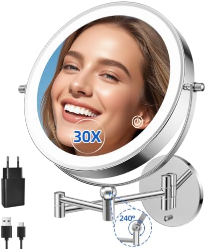 9"Wall Mounted Makeup Mirror with Lights,5000mAh Rechargeable 1X/30X