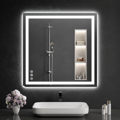 LED Bathroom Mirrors 32"x32" Bathroom Mirror with Lights for Wall, Backlit + Front Lit, 3 Colors, Anti-Fog, Dimmable Brightness for Vanity,Bathroom, Entryway, Living Room