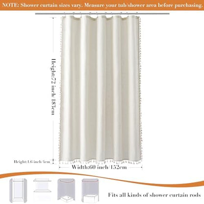 Nanspring Stall Natural Boho Linen Shower Curtain Vintage Country Textured Tassel Shower Curtain Set with Hooks 54 Inches Wide Modern Neutral Farmhouse Cottage Curtain for Bathroom 54x78, Cream