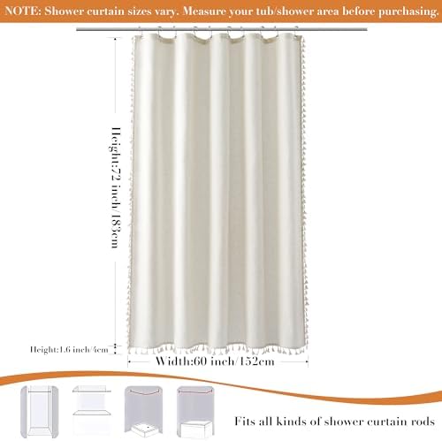Nanspring Stall Natural Boho Linen Shower Curtain 60 Inches Wide Textured Luxury Fancy Tassel Shower Curtain Set with Hooks Modern Vintage Country Bath Curtain Decor for Bathroom 60x72, Cream