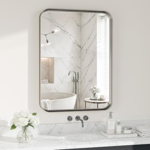Matte Silver Metal Framed Vanity Rounded Rectangle Bathroom 24X32 Inch Mirrors for Over Sink Wall,Modern Decorative for Restroom, Anti-Rust Aluminum Alloy Mirror, Horizontally or Vertically Hanging