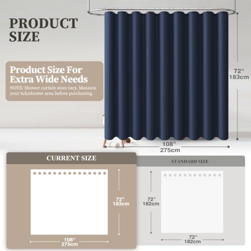 BTTN 108x72 Linen Textured Waterproof Cloth Shower Curtain Set, Navy Blue