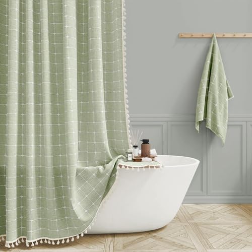 BTTN 60x84 Boho Farmhouse Linen Heavy Duty Shower Curtain Set, Sage Green
