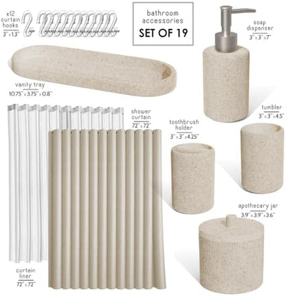 Clara Clark Bathroom Set - Beige Bathroom Accessories Set, 19PC Bathroom Accessory Set, Bathroom Sets with Shower Curtain Set, Soap Dispenser & Toothbrush Holder