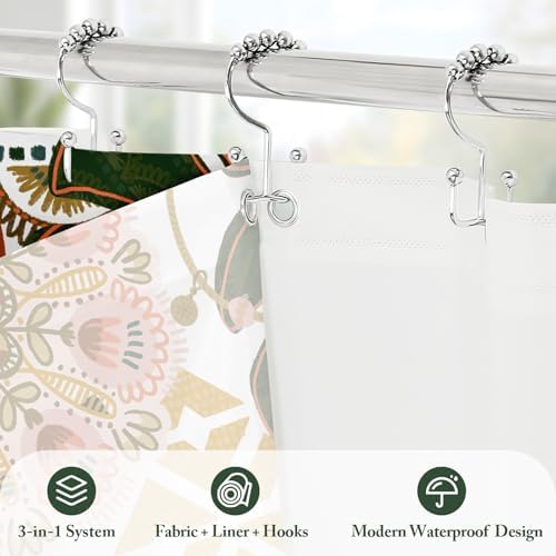 3 in 1 Pink Floral Shower Curtain Set with PEVA Liner & 12 Hooks, 36 x 72