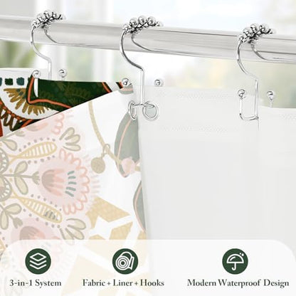 3 in 1 Pink Floral Shower Curtain Set with PEVA Liner & 12 Hooks, 36 x 72