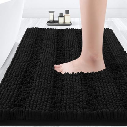 ACCUMTEK Striped Black Bathroom Rug Mat 32"x20" Ultra Soft, Non Slip Chenille Bath Rugs, Absorbent Plush Shaggy Bath Mats for Bathroom, Bedroom, Kitchen, Shower, Tub