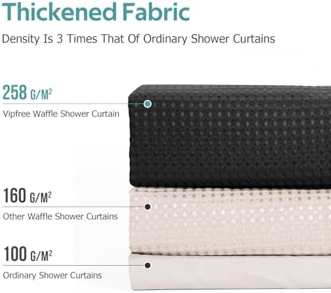 Vipfree 3 in 1 Shower Curtain Set, Waffle Shower Curtain and Liner Set with 12 Double Sided Shower Curtain Hooks, 258GSM Luxury Weighted Cloth Shower Curtains for Bathroom, 72 W x 84 H, Black