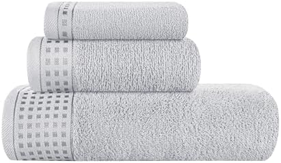 GLAMBURG Ultra Soft 3 Pack Cotton Towel Set, Contains a Bath Towel 28x55 inch, a Hand Towel 16x24 inch & a Wash Coth 12x12 inch, Ideal Everyday use, Compact & Lightweight - Light Grey