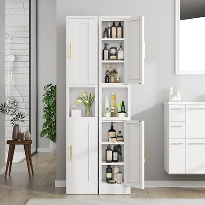 Tall Metal Narrow Bathroom Storage Cabinet 67" H, Tall White Pantry Cabinets with 4 Adjustable Shelves and 2 Doors for Kitchen, Home Office, Living Room, Dining Room(11.8 inches Wide)