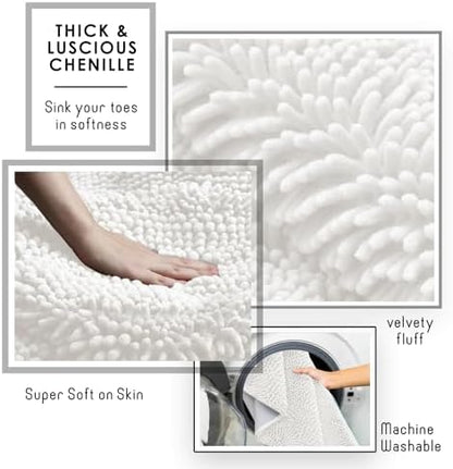 Hearth & Harbor Bathroom Rugs, Chenille Bath Mat - Machine Washable Bath Mats for Bathroom Non-Slip Backing Rubber, Quick Dry Mat - White Bath Rug, 17x24-20x32-20x24