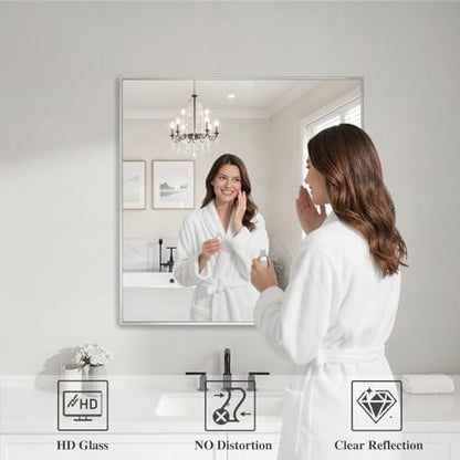 Koonmi Silver Rectangle Wall Mirror, 30x30 Inch Bathroom Mirror, Aluminum Frame Vanity Mirror for Entryway, Living Room, Bedroom Bathroom, Hangs Horizontally or Vertically