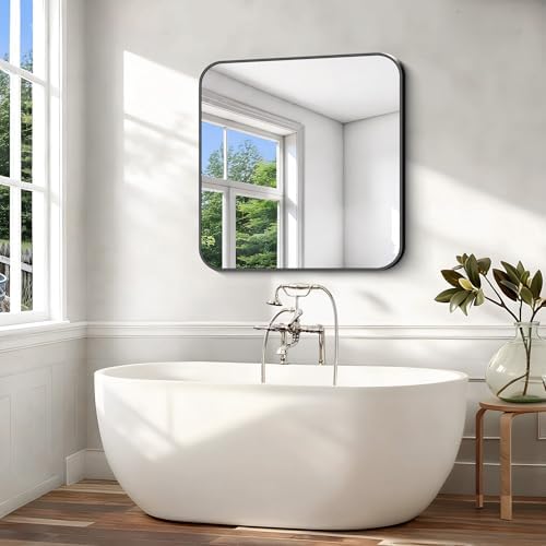 Black Bathroom Mirror, 38x40 inch Aluminum Metal Frame Rectangular Vanity Mirror, Large Wall Mounted Rectangle Mirrors with Rounded Corner for Over Sink Bedroom Living Room Horizontal/Vertical