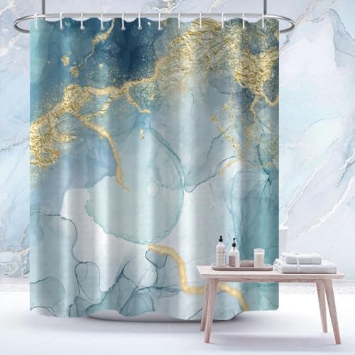 AWERT Teal Marble Shower Curtain for Bathroom Waterproof Quick-Drying Modern Abstract Shower Curtain Set with Hooks 72x72 Inch
