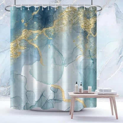 AWERT Teal Marble Shower Curtain for Bathroom Waterproof Quick-Drying Modern Abstract Shower Curtain Set with Hooks 72x84 Inch