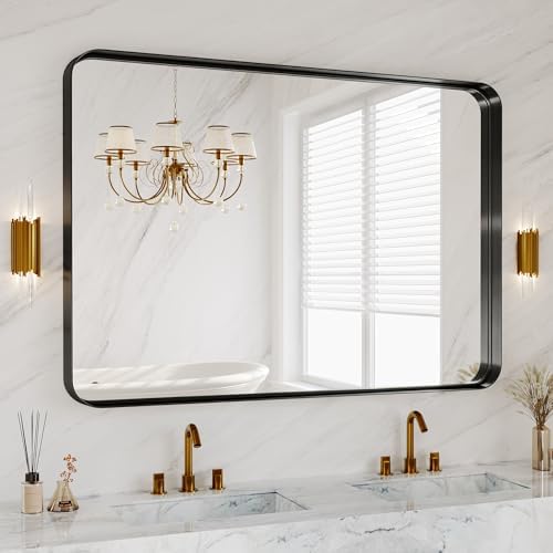 48X36 Inch Black Metal Framed Bathroom Mirror for Wall, Matte Vanity Mirror