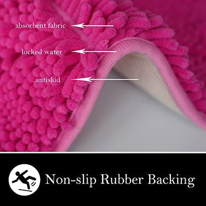 Bathroom Rugs Chenille Bath mat 2 Piece Set, Super Absorbent, Strong PVC Non Slip Backing, Bath mats for Bathroom, Plush Shaggy, Thick, Machine Washable, Bathtub, Toilet.(Hot Pink)