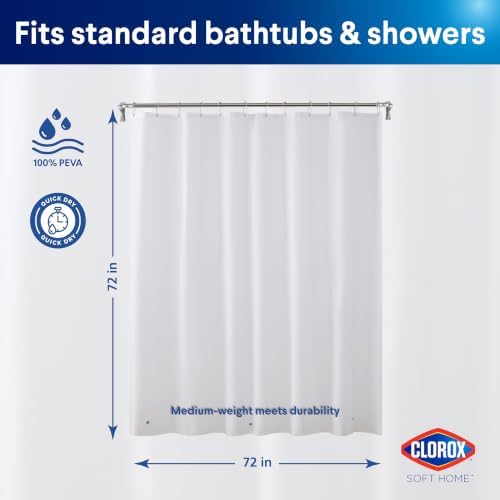 Clorox Shower Curtain Liner, Premium Medium-Weight Flexible Waterproof 6g PEVA for Bathroom with Weighted Magnets, Standard Size 72" x 72", White 1 Pack