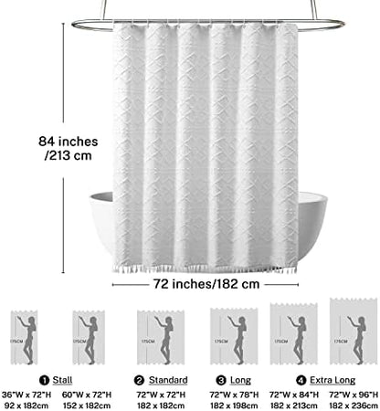 Extra Long White Textured Woven Fabric Boho Shower Curtain with Tassels 72 x 84 Modern Farmhouse Minimalist, Tufted Chevron Striped Shabby Chic, Water Resistant Cloth Curtain for Bathroom, Hotel Decor