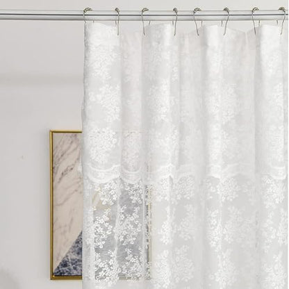 White Lace Shower Curtain 84 Inches Long with Attached Valance, 72x84