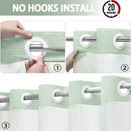 No Hook Shower Curtain with Liner Set Hotel Waffle Mint Green 72W X 75L