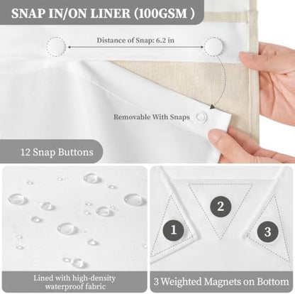 BTTN 54x81 Ringless Linen Textured Shower Curtain with Snap in Liner, Cream