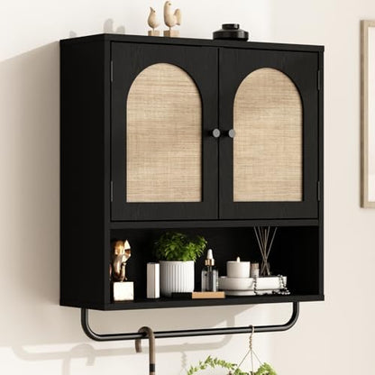 RUSTOWN Rattan Bathroom Wall Cabinet, Boho Medicine Cabinet with 2 Doors