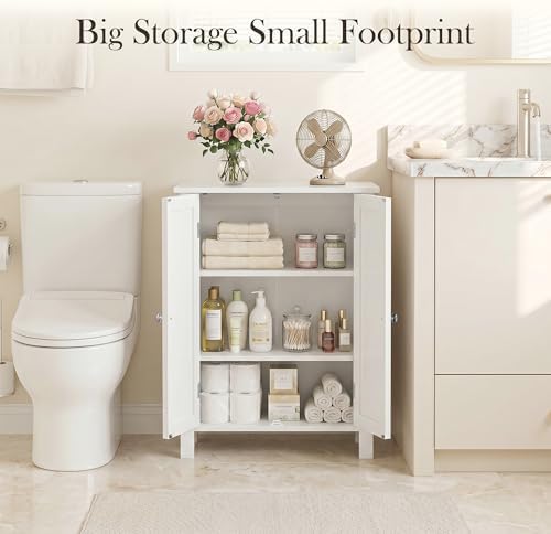 ZENY Bathroom Floor Storage Cabinet with Double Door + Adjustable Shelf, Wooden Organizer Cabinet for Living Room, Bathroom, Bedroom, Modern Home Furniture (White)
