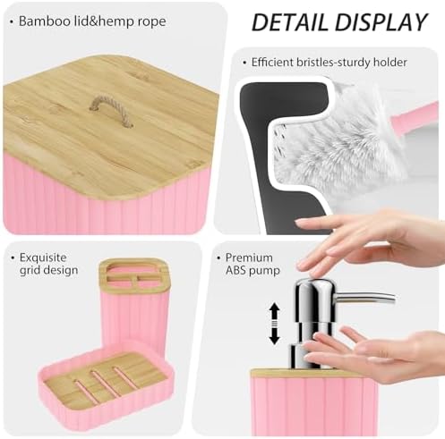 Bathroom Accessories Set - 10PC Bathroom Set, Pink Bathroom Set, Bathroom Accessories Set, Toilet Brush, Bathroom Trash Can & Soap Dispenser