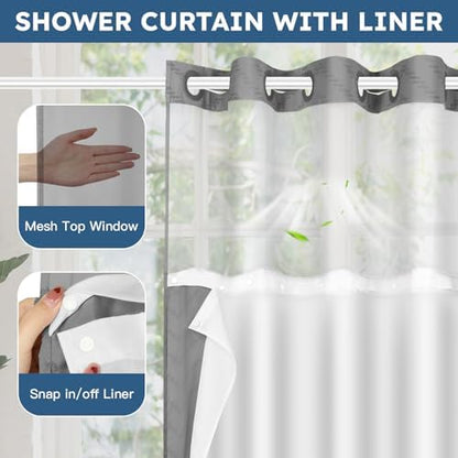 FADOTY Grey No Hook Shower Curtain Set with Snap in Liner, 71'' x 86''