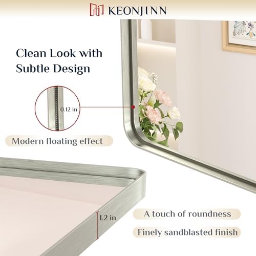 Keonjinn 28 x 36 Inch Brushed Nickel Bathroom Mirror, Tempered Glass
