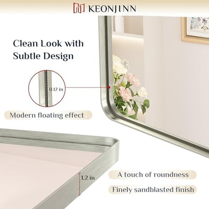 Keonjinn 28 x 36 Inch Brushed Nickel Bathroom Mirror, Tempered Glass