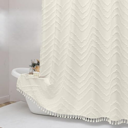 OWENIE Beige Fabric Shower Curtain, Boho Shower Curtains for Bathroom Chic Tufted Chevron Striped Textured with Tassel, Soft Hotel Style Farmhouse, Machine Washable, 72x78, Beige