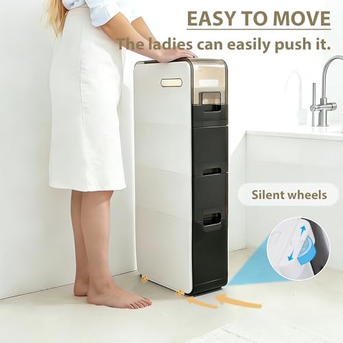 BGYMF 4-Tier Narrow Slim Bathroom Storage Cabinet,Movable,White