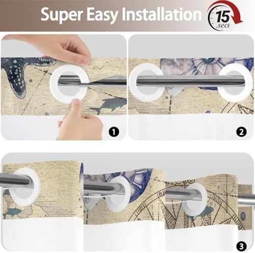 No Hook Shower Curtain and Liner Set, Retro Brown Beach Coastal 71x84