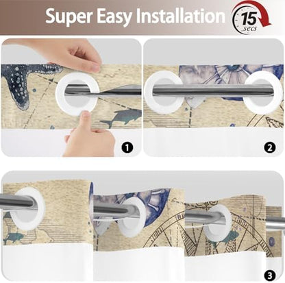 No Hook Shower Curtain and Liner Set, Retro Brown Beach Coastal 71x84