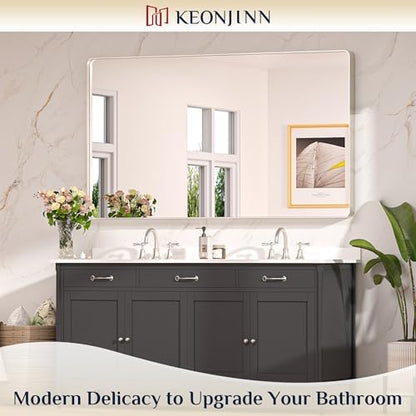 Keonjinn 60 x 36 Inch Brushed Nickel Bathroom Vanity Mirror, Tempered Glass